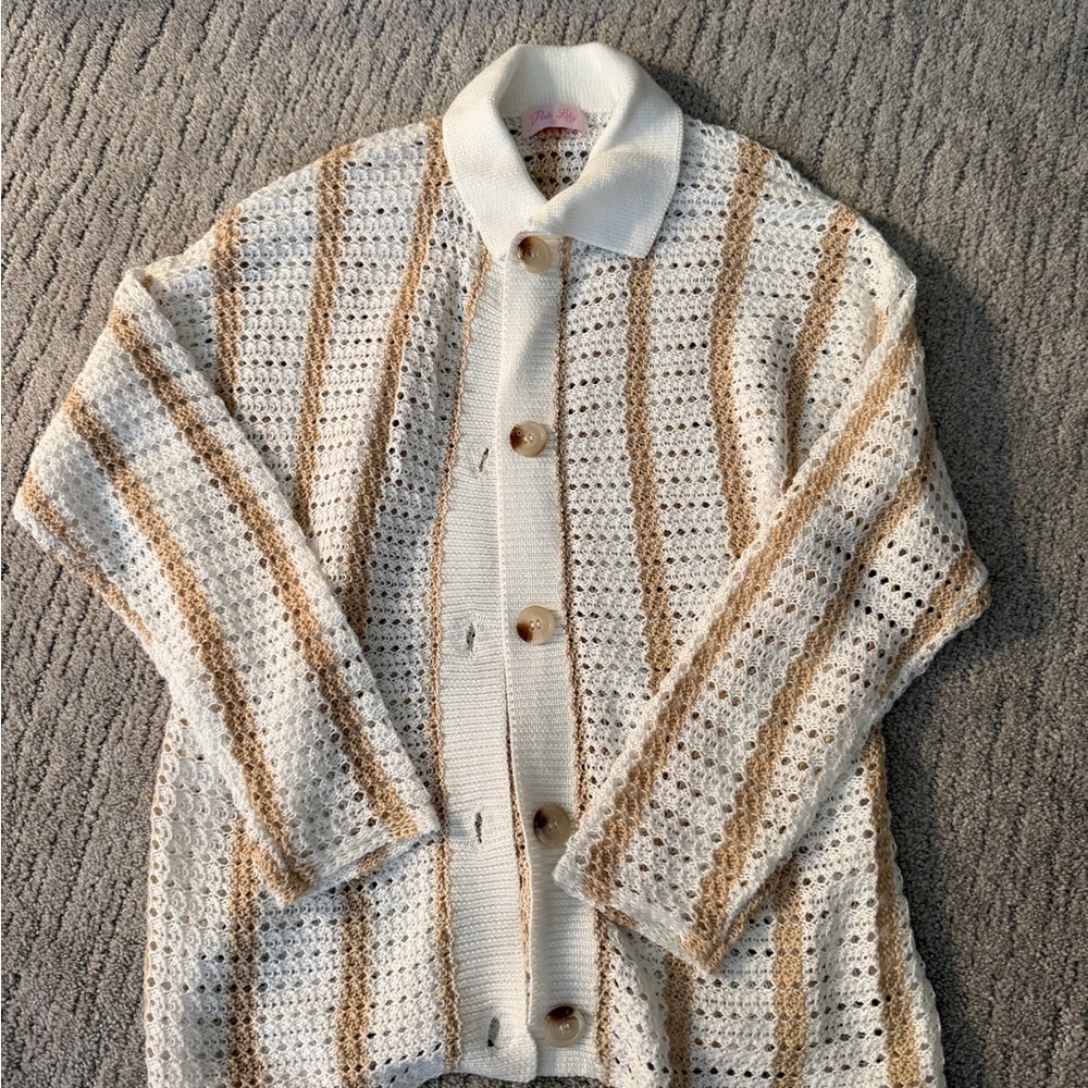 Pink Lily White and Tan Striped Cardigan